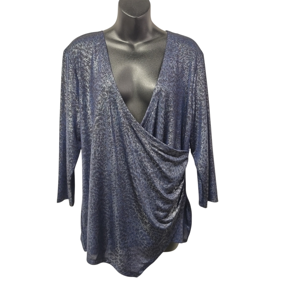 Jennifer Lopez Blue Metallic Wrap V-neck 3/4 Sleeve Stretch Top Blouse Size XL